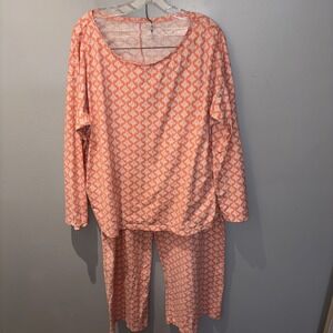 Green Cotton Garnet Hill Salmon Pink 2pc Pajamas Set Wide Leg Women's Sz L Comfy